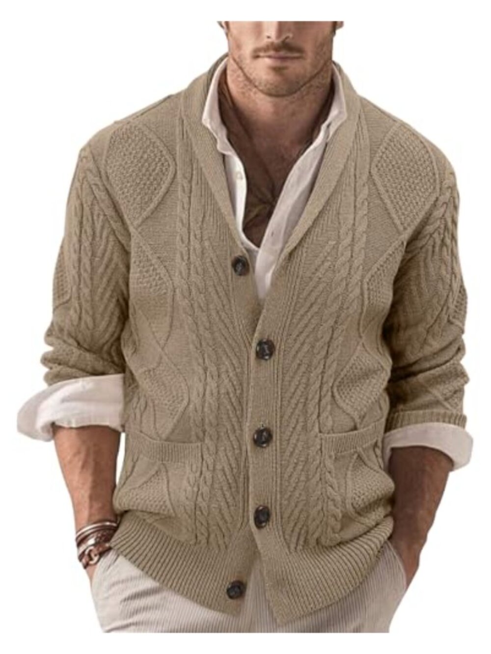 Men's Shawl Collar Button Down Cable Knit Cardigan Sweater with Pockets